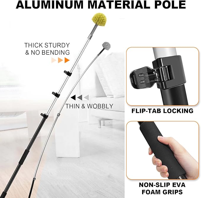 4-12ft Cobweb Duster with Extension Pole 20 Foot High Reach Feather Dusters with Bristles for Cleaning Outdoor Indoor 4-Stage Spider Web Remover with Telescopic Pole for Ceiling Wall Yellow
