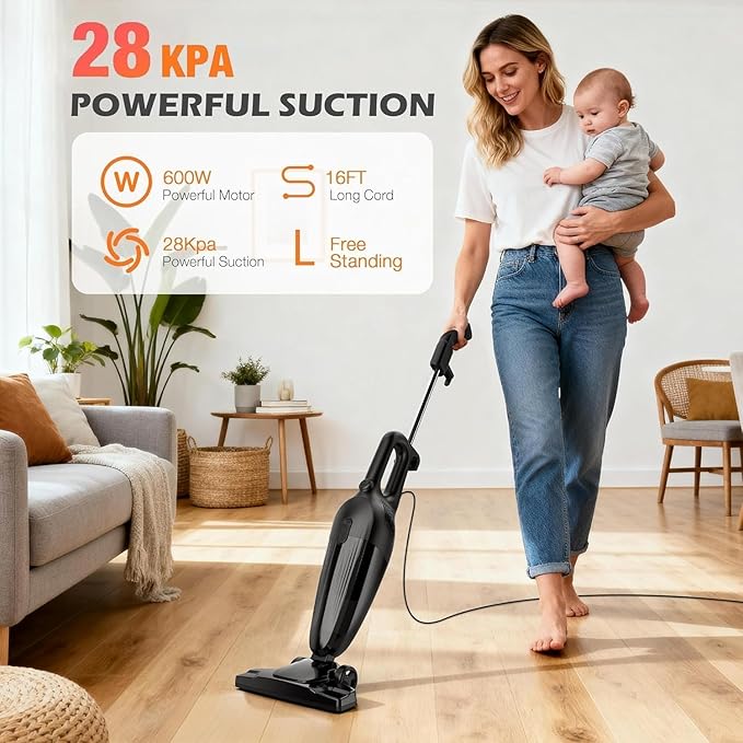 Zefiro 600W 28kpa Small Corded Stick Vacuum16Ft Corded Handheld Vacuum Cleaners for Home Hard Floor Carpet Pet HairDormRV