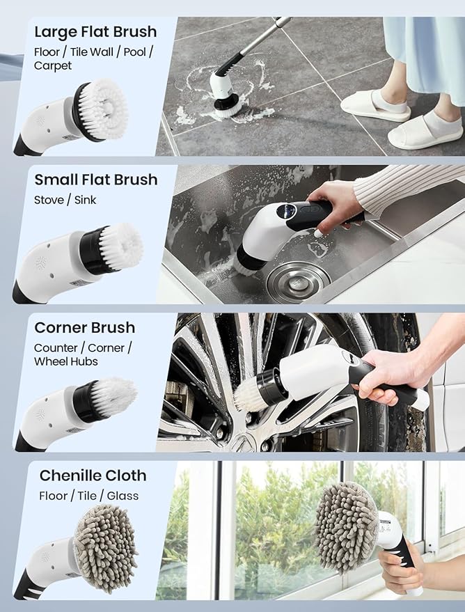 Electric Spin Scrubber 2025 New Cordless Shower Cleaning Brush with 8 Replaceable Brush Heads 3 Adjustable Speeds and Adjustable Extension Handle for Bathroom Floor Tile