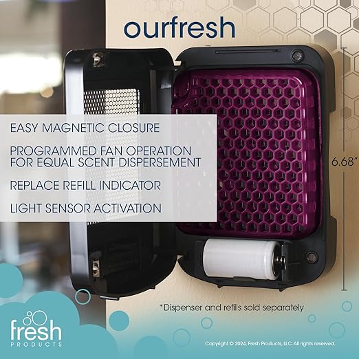 Fresh Products ourfresh 2 Air Freshener Replace Metered Aerosol with Dry Fragrance 30 Day Use Medium Sized Spaces Light Activated Battery Operated Batteries Included Spiced Apple 8 pk