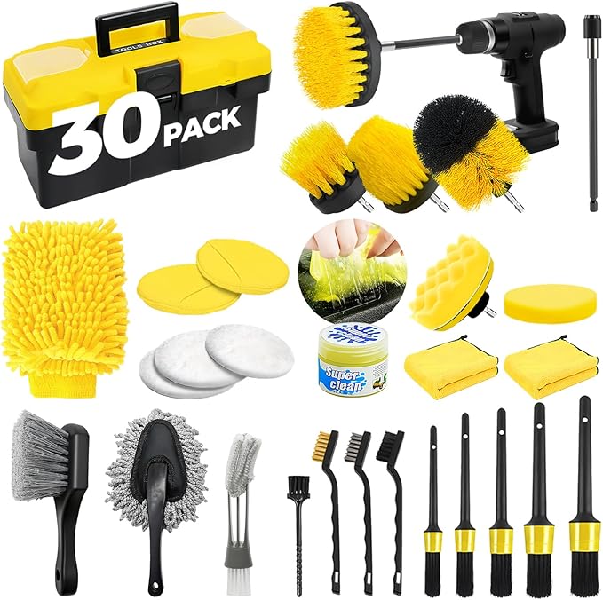 30Pcs Car Detailing Kit Car Wash Cleaning Kit Auto Detailing Drill Brush Set Car Cleaning Gel Car Cleaning Supplies for Interior Exterior Wheels Windows