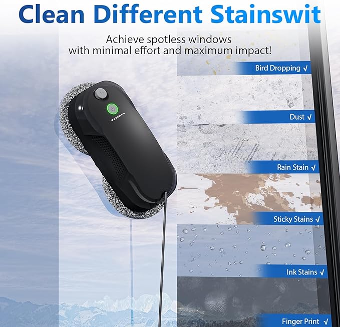 Tosima W5 Window Cleaning Robot Dual Direction Auto-Spray Smart Window Cleaner with Triple Safety System Smart Navigation Remote Control for All Smooth Surfaces with 8 Rags Black