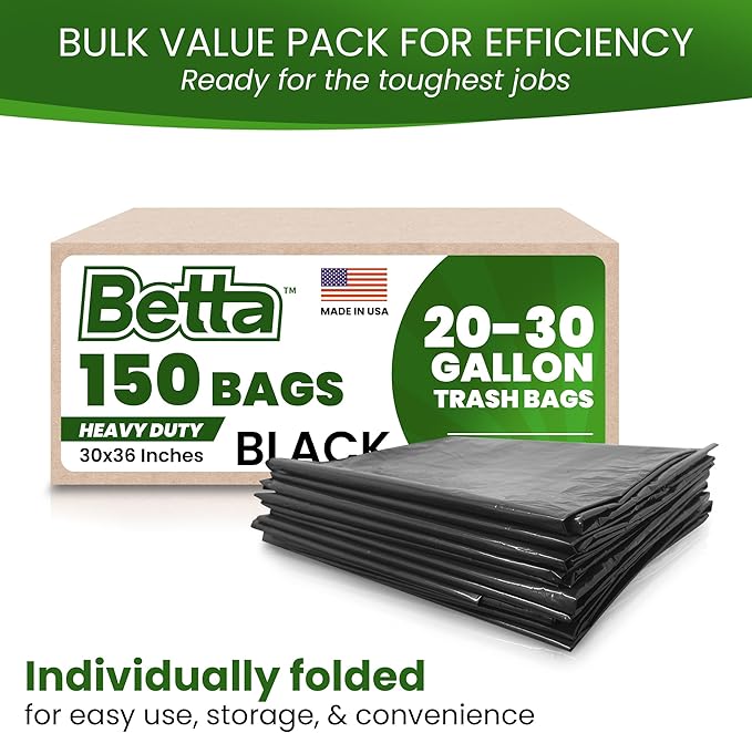 Betta 20-30 Gallon Black Trash Bags 150 Count Box (30x36-inch) Commercial Heavy-Duty Garbage Can Liners for 16-20 Gallon Round Cans 15-23 Gallon Slim and Square Cans