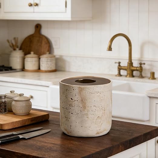 Natural Travertine Textures Mini Trash Can with Rose Gold Stainless Steel Lid Mini Countertop Trash Can for Bathroom Kitchen Desk or Table top Mini Garbage Can Resin Tiny Waste Basket for Vanity