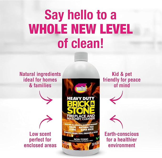 Quick'n Brite Fireplace Brick and Stone Cleaner 32oz with Scrub Brush - Natural Stone Tile and Marble Cleaner - Indoor Fireplace and Wood Stove Cleaning Kit - Pellet Stove Creosote Remover