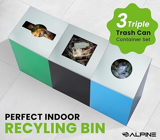 Alpine Indoor Recycling Bin -Commercial Trash Can Recycling Station Combo Customizable 3 Compartment Metal Large Black Blue Green Recycle Trash Cans with Lids &amp Stickers for Office Mall Air