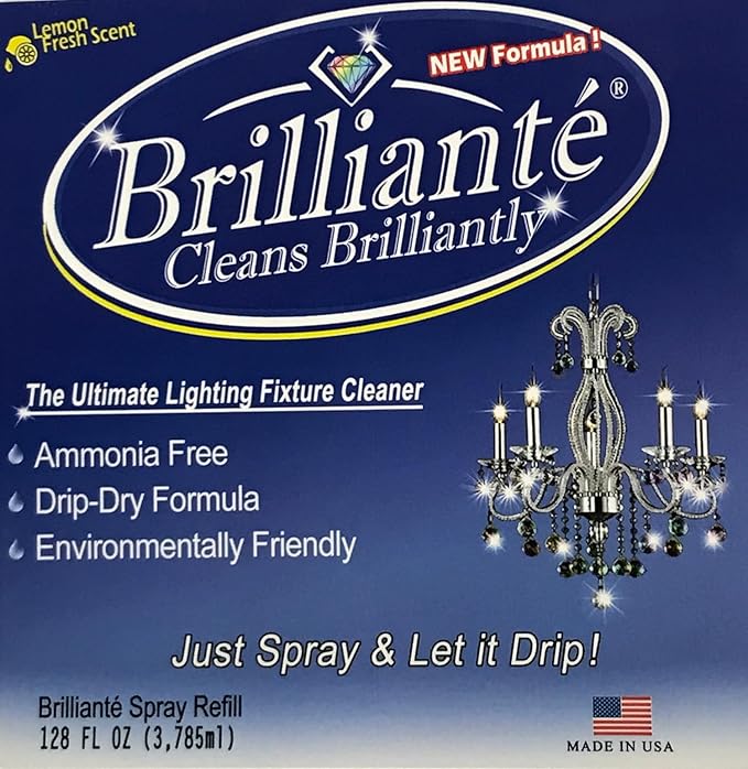 BRILLIANTÉ Crystal Chandelier Cleaner Manual Sprayer 32oz Spray Bottle &amp Gallon Refill Environmentally Safe Ammonia-Free Drip-Dry Formula Made in USA