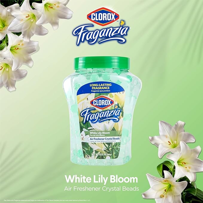 Clorox Fraganzia Crystal Beads Air Freshener Long Lasting Room Deodorizer and Odor Eliminator Gel Beads to Freshen Home Car or Office White Lily Bloom Scent 12 Fl Oz - 12 Pack