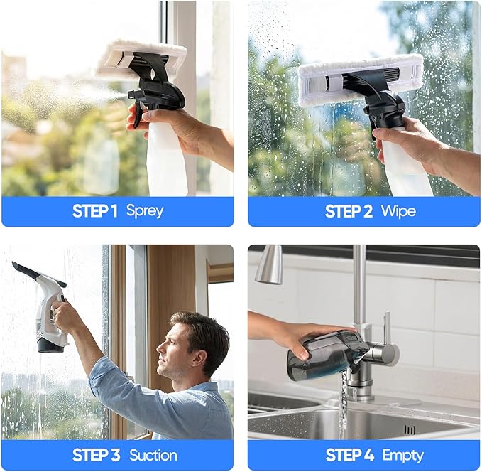 Window Vacuum Squeegee Cordless 2000Pa Electric Window Cleaner Tool with Extension Pole Window Cleaning Kit 11 Shower Squeegee for High Windows Shower Doors Tile &amp Car Windshield