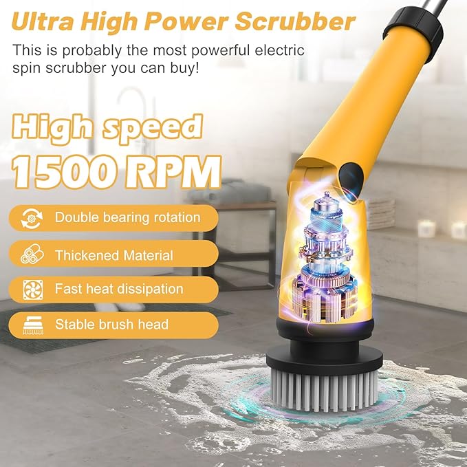 Qimedo 1500 RPM Electric Spin Scrubber with Two Batteries Q2 Pro Cordless Battery Powered Shower ScrubberElectric Tile Floor Scrubber with Display for Grout/Tile/Tub (Effortless Handle/8 Brushes)