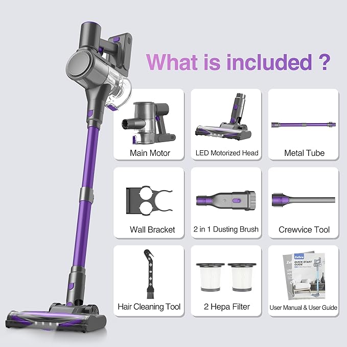 Zefiro Cordless Vacuum Cleaner for Home450W /40Kpa 50Mins Stick VacuumAnti-Tangle 1.5L Dust Cup Rechargeable Wireless Handheld Vacuum for Pet Hair/Carpet/Floor