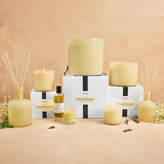 LAFCO New York Signature Reed Diffuser Chamomile Lavender - 15 oz - Up to 9 Months Fragrance Life - Reusable Hand Blown Glass Vessel - Natural Wood Reeds - Made in The USA