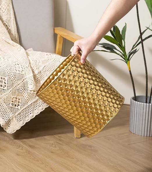 Large Metal Trash Can Wastebasket Decorative Honeycomb Garbage Can Modern Farmhouse Round Bin for Bathroom Bedroom Kitchen and Office (Gold)