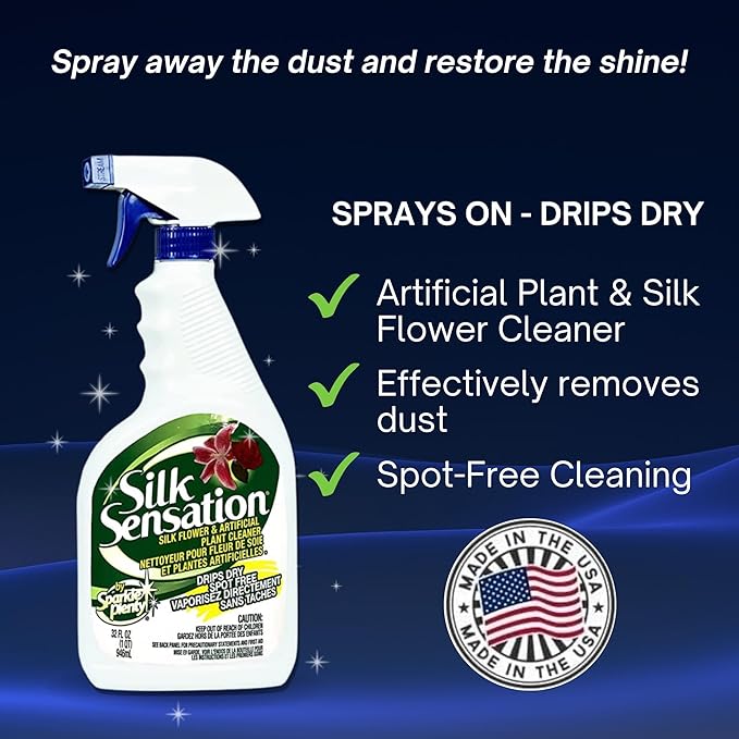 Sparkle Plenty Silk Sensation Artificial Flower &amp Plant Leaf Cleaner - Fake Flower Dusting Spray - Silk Plant Cleaner Spray No Wipe - Drip Dry Cleaning Supplies for Artificial Tree (32 oz 3 Pack)