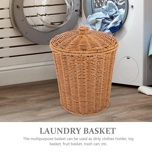 ABOOFAN Wicker Trash Can with Lid Bedroom Bathroom Trash Can Boho Woven Wicker Waste Basket Office Garbage Cans Rattan Storage Basket for Under Desk Dirty Clothes Container Flower Arrangement