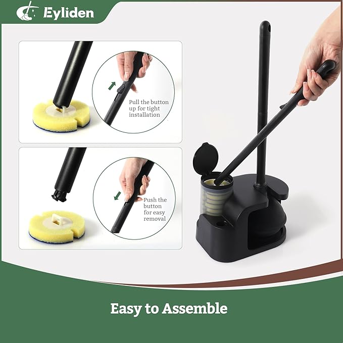 Eyliden Disposable Toilet Brush and Plunger Combo | 2-in-1 Toilet Bowl Wand Kit - 10 Count Pre-Soaked Refill Heads 3-Step Plunger Storage Holder - Compact Toilet Cleaning System (Black)