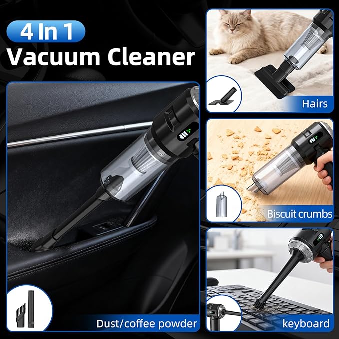 Sycoodeal Handheld Car Vacuum Cleaner 25000PA Strong Cyclonic Suction Portable Mini Vacuum Cordless with Digital Display Lightweight Handheld for Pet Hair Car Home Office Kitchen(Silver)