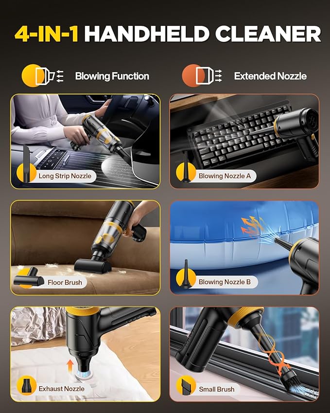 Handheld Vacuum Cleaner 21000Pa Suction with Brushless Motor 4-in-1 Portable Mini Car Vacuum with 2 Suction Modes Cordless Vacuum with LED Light Type-C Charge for Car Office Desk Keyboards