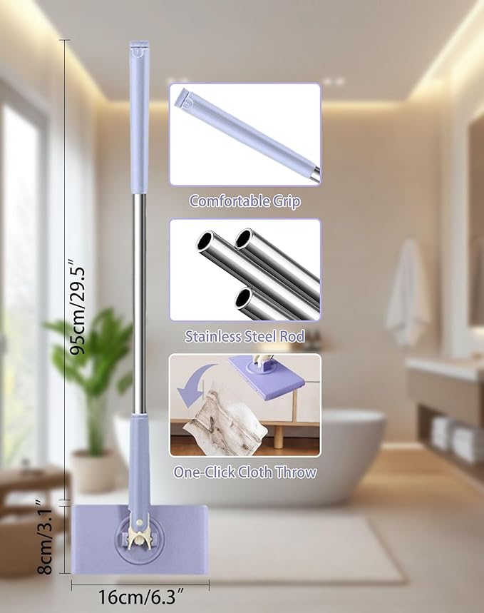 2026 Upgraded Zero Touch Snap Grip Mini Mop Cloth Changing Mini Mop with Automatic Hands Free Push Pull Handle 180 Rotating Head Includes 5 Cleaning Cloths for Bathroom and Kitchen