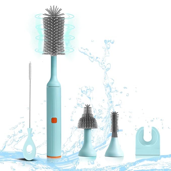 Electric Baby Bottle Brush Set with Rechargeable Electric Bottle Brush Cleaner and Replaceable Silicone Bottle Brushes and Straw Brush Cleaner Waterproof Multi-Purpose Cleaning Brush(Blue)