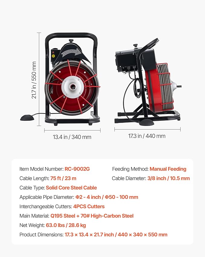 VEVOR Drain Cleaner Machine 75 FT x 3/8 Inch Sewer Snake Auger Manual Feed with 4 Cutters &amp Air-activated Foot Switch for 2 to 4 Pipes