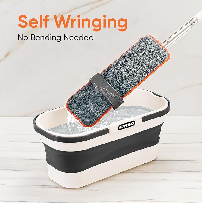 Superio Self-Wringing Microfiber Cleaning Mop with Hands-Free Wringing Blade and Reusable &amp Washable 8 x 4.5 Microfiber Mopping Pad for Home Kitchen Bathroom Streak-Free Cleaning
