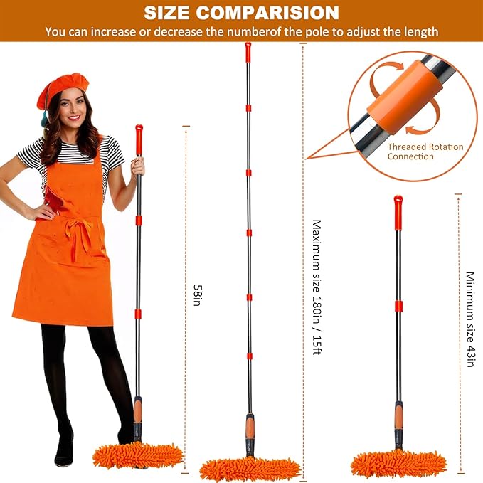 20 ft+ Reach Squeegee Window Cleaner Duster 2 in 1 Rotatable Window Cleaning Tool Kit with 3-14 ft Extension Pole Window Washing Equipment for Indoor Outdoor Window Car Glass - 3 Pads