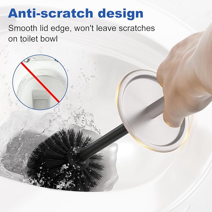Toilet Brush and Holder Set：304 Stainless Steel Heavy Duty Toilet Bowl BrushRemovable Inner Bowl and Splash ProtectionBathroom Toilet Brush-Dense Bristles for Through Cleaning