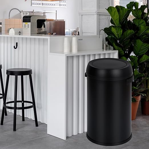 GarveeHome 17 gal/65 L Swing Top Trash Can Stainless Steel Rubbish Bin Commercial Grade Waste Container Round Garbage Can for Outdoor Home Office Restaurant Black