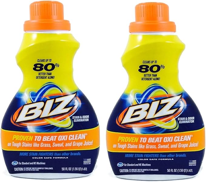 Biz Laundry Detergent Liquid Booster Stain and Odor Eliminator for Tough Stains Like Sweat Grass and Food Grease Best Stain Remover for Clothes Color Safe Bleach Free 2 Pack 100 fl oz Total