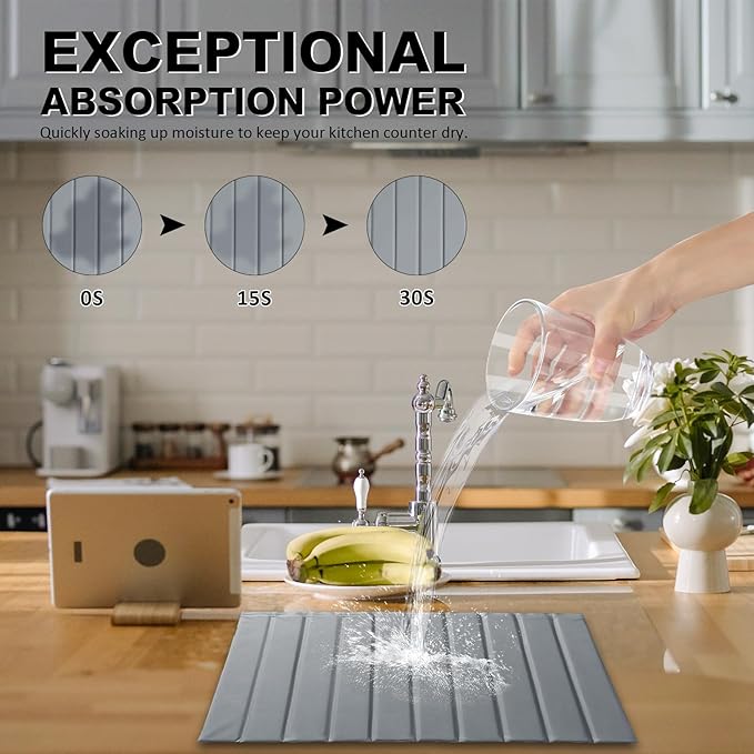 Large Stone Dish Drying Mat for Kitchen Counter 24x16 Inch - Super Absorbent Quick Dry Diatomaceous Earth with PU Leather Foldable Space Saving Stone Bath Mats for bathroom