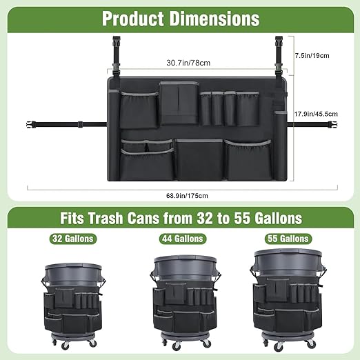 Durable Trash Can Bag Multi-Pocket Storage 32-55 Gallon Organizer with Heavy Duty Feature Commercial Cleaning Accessory Garbage Bin Holder with Convenient Design Housekeeping Supplies for Park
