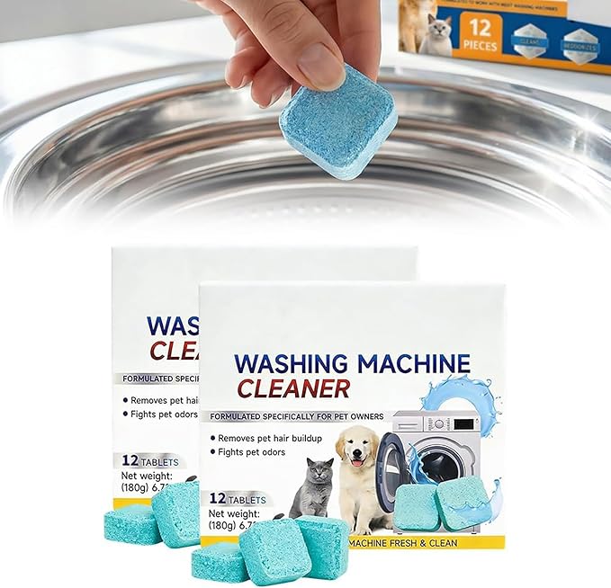 Washing Machine Cleaner Tablets Pet Hair &amp Odor Deep Cleaning Tablets Deep Cleaning Mold &amp Residue Remover for HE Top Front Load Washer Eco-Friendly Deodorizer for Pet Owners (2pcs)