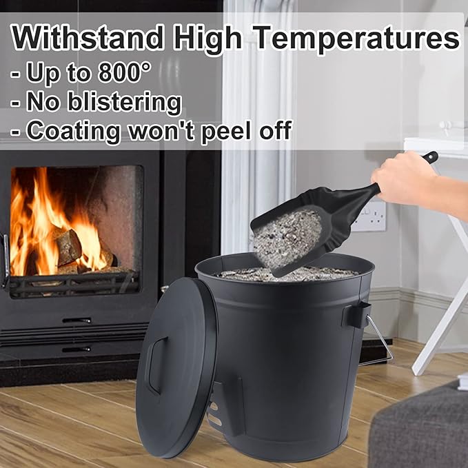 Ash Bucket with Lid and Shovel Hand Broom 5.15 Gallon Large Galvanized Iron Metal Fireplace Tools Ash Pail for Fire Places Fire Pits Wood Burning Stoves Hearth Accessories Indoor Outdoor Black