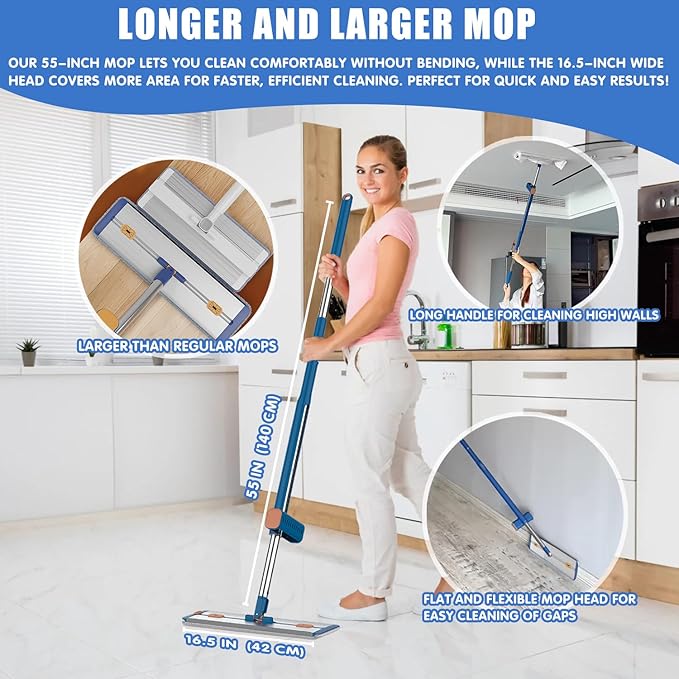 16.5 Microfiber Self Wringing Flat mopWet Dry mops for Cleaning Floorswith 55 Long Handle for Wall Cleaner with Squeegee (New Mop &amp 5 Microfiber mop Pads &amp Folding Bucket)