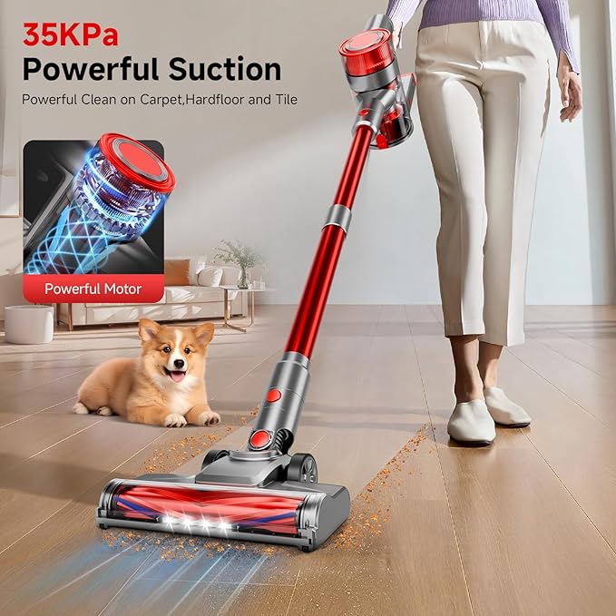 Cordless Vacuum Cleaner Powerful Stick Vacuum Cleaner for Home with Rechargeable Battery 6-in-1 Lightweight Handheld Vacuum 45 Mins Runtime for Hardfloor &amp Carpets Pet Hair (red)