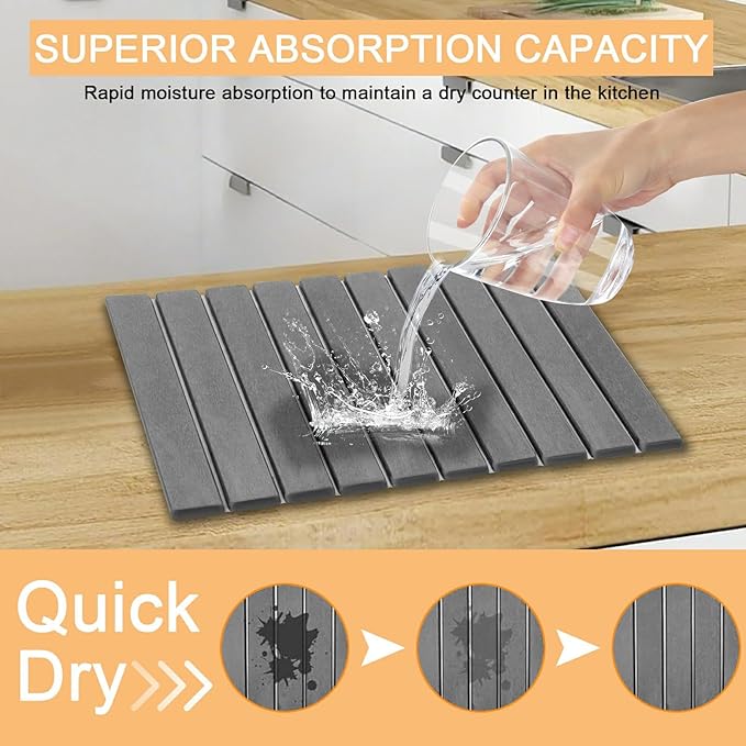 Large Stone Dish Drying Mat for Kitchen Counter with 3 Sanding block and Towel 24×16 Quick Drying Diatomaceous EarthSuper Absorbent Anti Slip MatBirthday Gfts for Women Mom Grandma Dark Gray