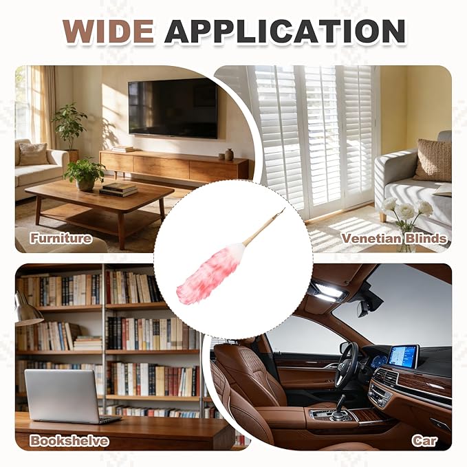 uxcell Wool Duster 24.4 Natural Feather Cleaner Household Cleaning Duster with Solid Wooden Handle for Cleaning Fans Window Blinds Shelves Furniture White Pink