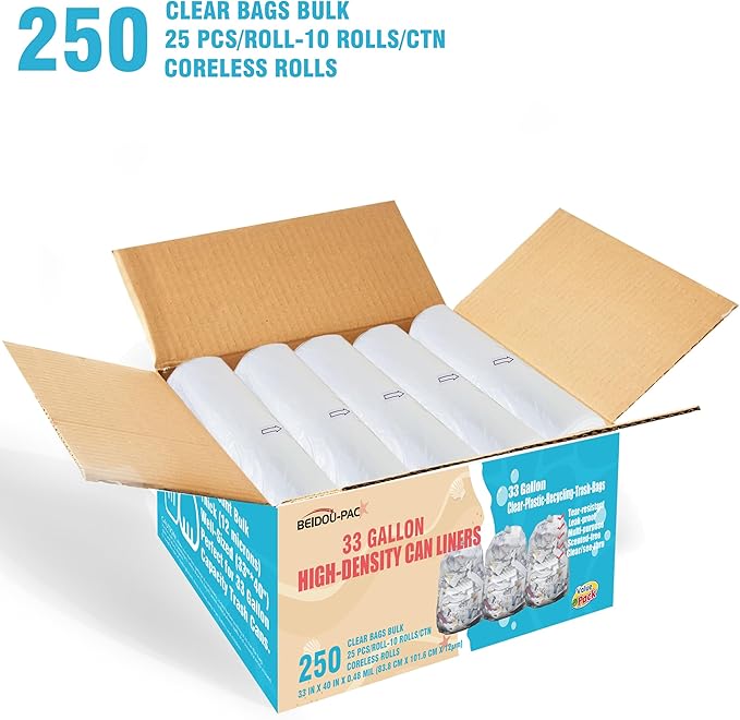 33 Gallon Trash Bags 250 Count Bulk Heavy Duty Clear Plastic Recycling Garbage Bags Multi-purpose Can Liners for Business Home Commercial Industrial Contractors Storage &amp Outdoor