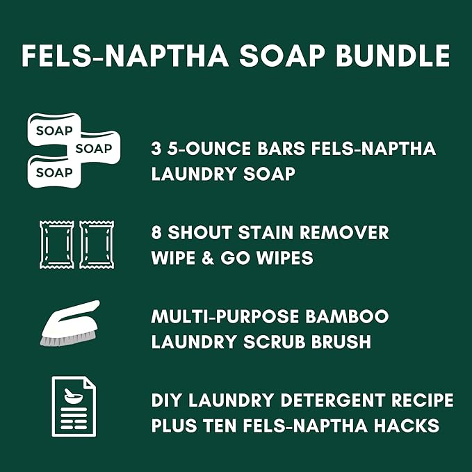 Fels-Naptha Laundry Detergent Bar Soap and Stain Remover Bundle - Includes 3 (5-ounce) Fels Naptha Laundry Bar 8 Shout Wipes Eco Bamboo Scrub Brush DIY Detergent Recipe by Foxtail Collective