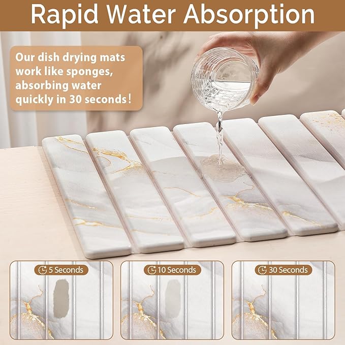 Large Stone Dish Drying Mat for Kitchen CounterQuick Dry Stone Dishes MatsMarbled Water Absorbing Diatomaceous Earth Drying Pad for Countertop Bottles Utensils Cups(Yellow White 24x16&amp8x4)