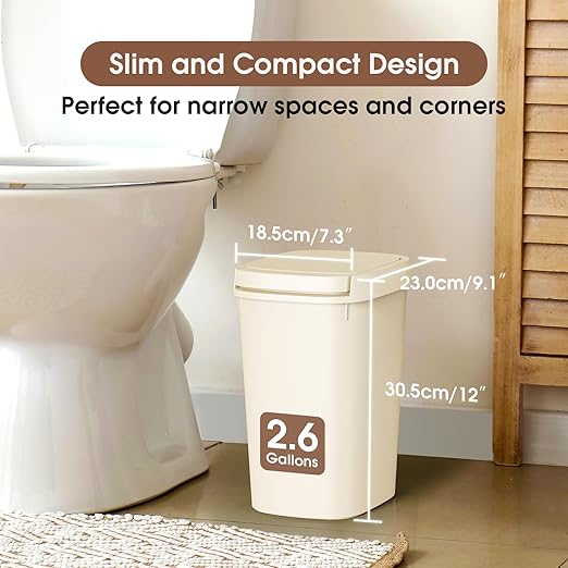 CEROELDA 3 Pack Bathroom Trash Can with Lid 10L/2.6 Gal Small Garbage Can with Press Top Lid Slim Plastic Waste Basket for Toilet Office Bedroom (Beige)