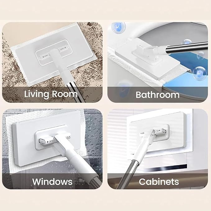 Snap Grip Minimop (40 in Locking Handle) Reusable Wash-Free Mini Mop Dry and Wet Use Clever Snap-Grip Mini Mop for Gaps &amp Multi-Surface Retractable and Adjustable(White 10 Cloths)