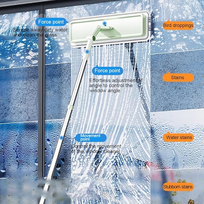 Multifunctional Window Cleaning Wiper with 290Cm Stainless Steel Extension Pole and Rubber Scraper Blade 180° Rotatable Window Cleaning Tool Kit Car Glass Washing EquipmentB