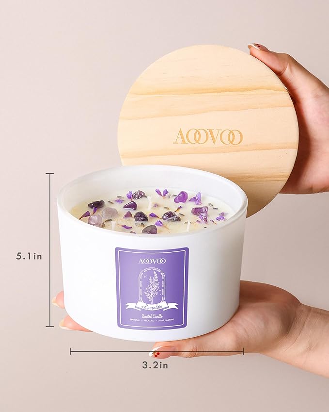 AOOVOO Lavender Scented Candles for Women - 20oz 3 Wick Soy Candles for Home Scented Aromatherapy Candle with Crystals Inside Birthday Gifts Valentines Day Candle for Women Mom