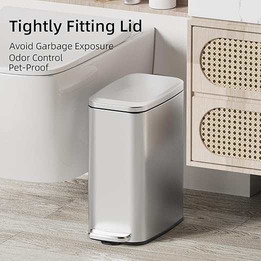 KUK Slim Bathroom Trash Can with Lid 1.6 Gal / 6L Stainless Steel Small Garbage Bin with Detachable Inner Bucket Step Pedal Silent Close Wastebasket for Toilet Bedroom Home Office (Silver)