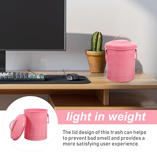 Metal Trash Can with Lid Small Desktop Garbage Bin Retro Pink Iron Table Wastebasket for Office and Bedroom Organization