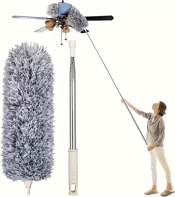 Multifunctional Retractable Duster with Bendable Head - Reusable and Washable for high Ceilings Furniture and car Cleaning(White)