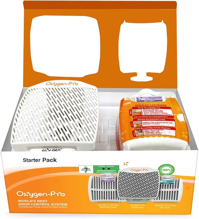 Oxygen-Pro - Starter Kit - Commercial Air Freshener and Deodorizer Wall Mounted Battery Operated Automatic Dispenser Odor Eliminator and Fragrancing System (Light Scent) 120 Day Supply