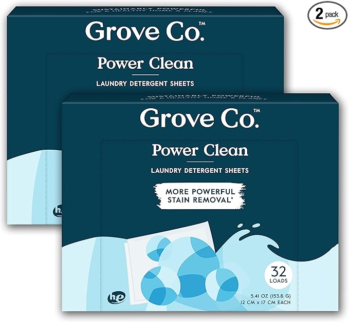 Grove Co. Laundry Detergent Sheets Power Clean Dissolving Washer Sheets (2 Pack - 64 Loads) Tough Stain Remover Unscented Free &amp Clear Formula